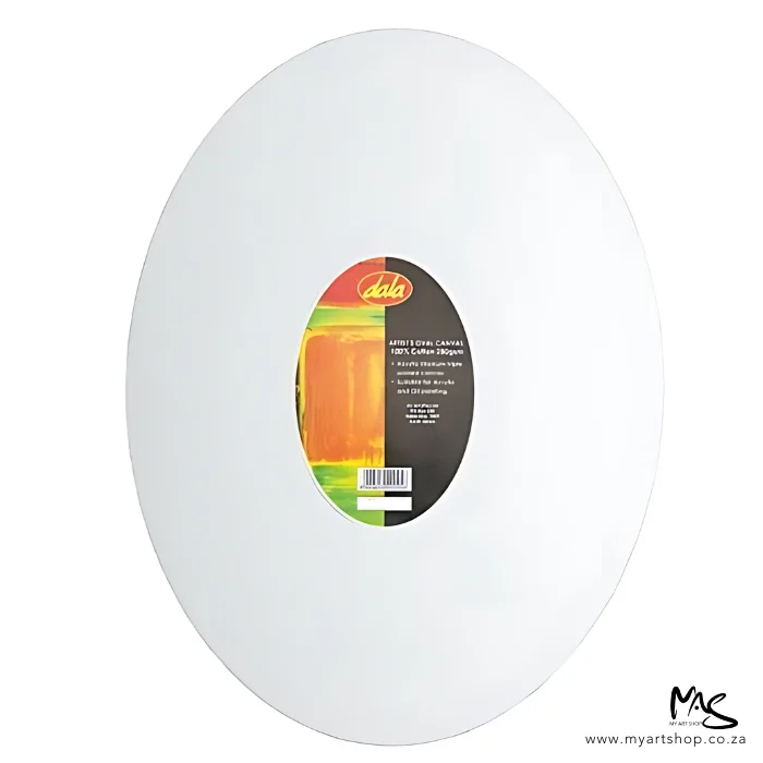 dala-oval-stretched-canvas-03 A single Dala Oval Stretched Canvas is shown in the center of the frame. The canvas is white and there is a black and orange round label in the center of the canvas with the logo and product details. On a white background.
