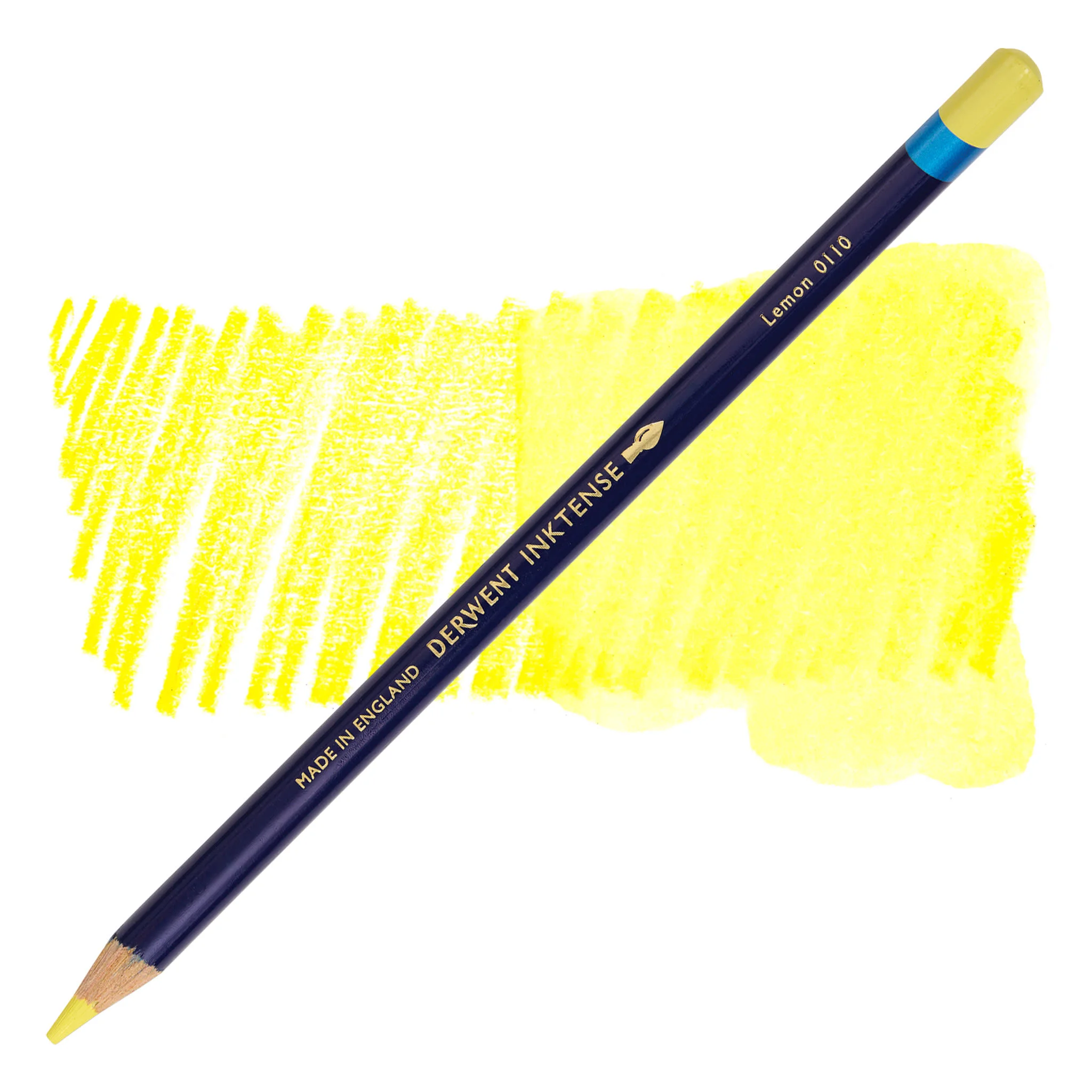 A single Lemon Derwent Inktense Colour Pencil is shown diagonally across the center of the frame. The pencil is pointing with it's lead facing towards the bottom left hand corner. The barrel of the pencil is blue and the end of the pencil is colour dipped to match the colour of the lead for easy identification. There is text down the barrel of the pencil with the colour name and brand name. There is a colour swatch of the pencil in the background, that runs horizontally across the center of the frame. The image is center of the frame and on a white background.