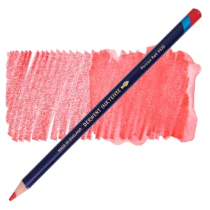 A single Persian Red Derwent Inktense Colour Pencil is shown diagonally across the center of the frame. The pencil is pointing with it's lead facing towards the bottom left hand corner. The barrel of the pencil is blue and the end of the pencil is colour dipped to match the colour of the lead for easy identification. There is text down the barrel of the pencil with the colour name and brand name. There is a colour swatch of the pencil in the background, that runs horizontally across the center of the frame. The image is center of the frame and on a white background.