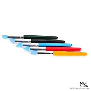 An open Sinoart Flat Colour Shaper Set is shown horizontally across the center of the frame. The paint pushers have different coloured plastic handles with blue rubber tips in different shapes. The rubber tips are pointing towards the left hand side of the frame. The image is center of the frame and on a white background.