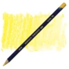 A single Sun Yellow Derwent Inktense Colour Pencil is shown diagonally across the center of the frame. The pencil is pointing with it's lead facing towards the bottom left hand corner. The barrel of the pencil is blue and the end of the pencil is colour dipped to match the colour of the lead for easy identification. There is text down the barrel of the pencil with the colour name and brand name. There is a colour swatch of the pencil in the background, that runs horizontally across the center of the frame. The image is center of the frame and on a white background.