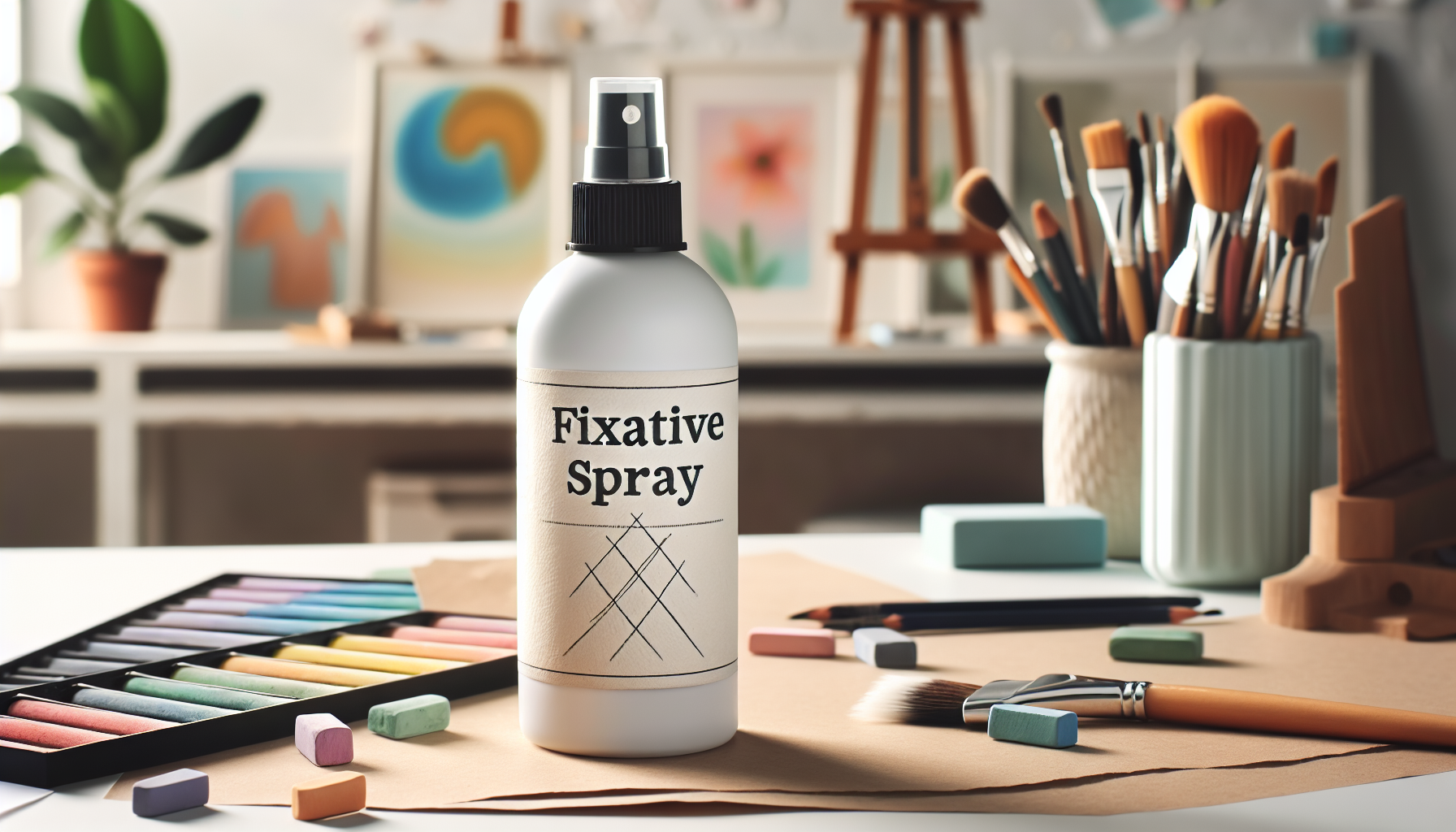 Elevate Your Art: The Secret to Stunning Pastels - Fixative Spray is what is happening in this image. at the center of the image is a silver spray bottle with the owrd fixative spray in it. it is sitting slightly to the left of the center of the image. on a wooden table at the front of the image. around it at the front of the image are various pastels that have been used and paper and a cup that contain a bunch of different tyoes of paintbrushes. in the background of the image are a few different artworks that are slighlty blurred out but very visbale.
