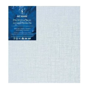 A single 18" x 24" Artboard Professional Stretched Canvas is shown in the center of the frame. The canvas is medium grained, white, triple primes canvas and has a blue, branded label in the top left hand corner of the canvas. The label has the Artboard logo and product details printed on it in white. It is suitable for Oils and Acrylics and has the highest standard pine frame, offering excellent rigidity and support. On a white background.