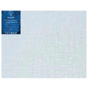 A single 24" x 30" Artboard Professional Box Canvas is shown in the center of the frame. The canvas is medium grained, white, triple primes canvas and has a blue, branded label in the top left hand corner of the canvas. The label has the Artboard logo and product details printed on it in white. It is suitable for Oils and Acrylics and has the highest standard pine frame, offering excellent rigidity and support. On a white background.