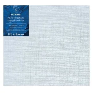 A single 30" x 36" Artboard Professional Stretched Canvas is shown in the center of the frame. The canvas is medium grained, white, triple primes canvas and has a blue, branded label in the top left hand corner of the canvas. The label has the Artboard logo and product details printed on it in white. It is suitable for Oils and Acrylics and has the highest standard pine frame, offering excellent rigidity and support. On a white background.