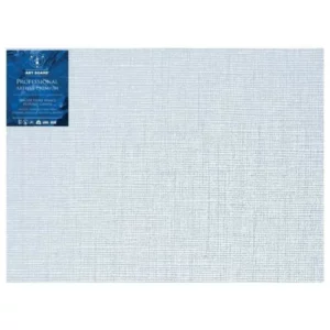 A single 48" x 60" Artboard Professional Box Canvas is shown in the center of the frame. The canvas is medium grained, white, triple primes canvas and has a blue, branded label in the top left hand corner of the canvas. The label has the Artboard logo and product details printed on it in white. It is suitable for Oils and Acrylics and has the highest standard pine frame, offering excellent rigidity and support. On a white background.