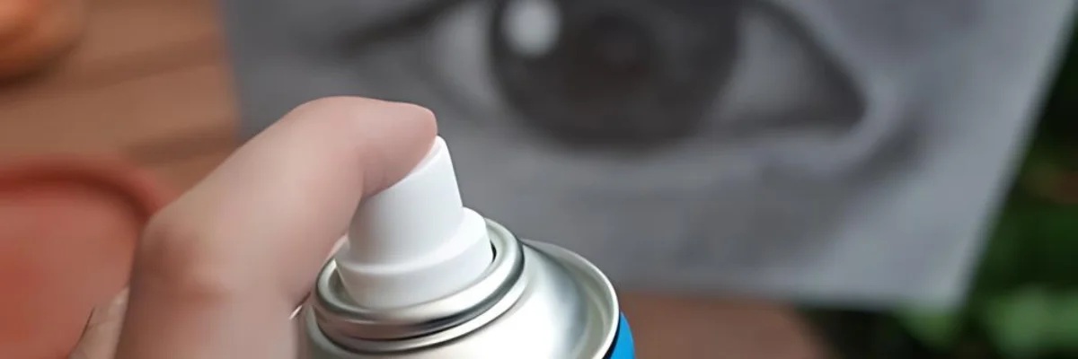 achieve-perfection-expert-tips-on-using-fixative-spray-for-artworks by using the spray facing away from the front of the image towards the picture that is facing outwards. the picture is a sketch drawing of an eye in muted grey tones. you can see the persons finger holding the nozzle of the spray can which is white pointing it at the picture of the eye. the picture is resting on a table in a garden as you can see the plants behind it. in the center of the image