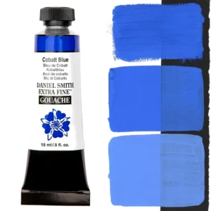 A tube of Cobalt Blue S3 Daniel Smith Extra Fine Gouache 15ml is shown vertically, along the left hand side of the frame. The tube has a white body, with black text that describes the colour and product details and the Daniel Smith Logo. The end of the tube has a black band and it has a black, plastic, screw on lid. The Daniel Smith flower logo is also printed on the front of the tube. There is a colour swatch of the paint, down the right hand side of the frame, vertically. It is shown on a white background and a black background and there are 3 swatches, showing the paint in it's purest form, used directly from the tube, as well as the paint when diluted with water, so it becomes more transparent. On a white background.