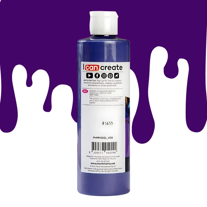 dark-purple-mont-marte-pouring-acrylic-paint-02 A single bottle of Dark Purple Mont Marte Pouring Acrylic Paint is shown in the center of the frame. It is the back of the bottle. The bottle is clear plastic so you can see the colour of the paint through the bottle. It has a white flip top cap and a printed label around the body of the bottle. The label is white and has black text describing the product. There is a drip paint background at the back of the bottle, at the top of the frame, in the colour of the paint.