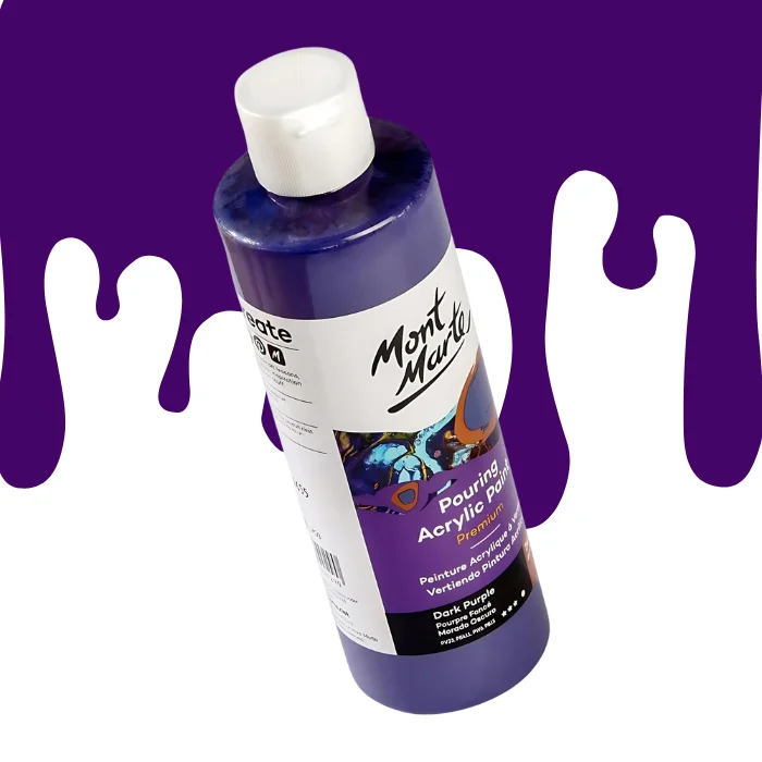 dark-purple-mont-marte-pouring-acrylic-paint-03 A single bottle of Dark Purple Mont Marte Pouring Acrylic Paint is shown in the center of the frame at a slight angle. The bottle is clear plastic so you can see the colour of the paint through the bottle. It has a white flip top cap and a printed label around the body of the bottle. The label is white and purple and has the Mont Marte logo printed at the top with the colour name and product details below. There is a drip paint background at the back of the bottle, at the top of the frame, in the colour of the paint.