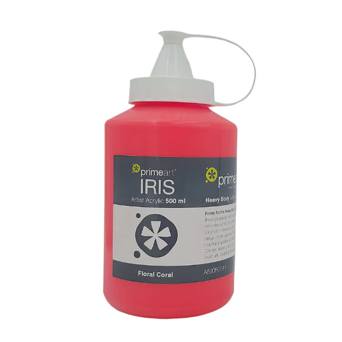 floral-coral-iris-acrylic-paint-500ml A single bottle of Floral Coral by Kim Black Iris Acrylic Paint 500ml is shown vertically in the center of the frame. The bottle is a clear plastic bottle with a white plastic flip top lid that is hinged to the bottle. There is a label around the body of the bottle that is printed with the Prime Art logo, the product name and details. The image is center of the frame and on a white background.