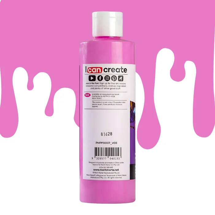 hot-pink-mont-marte-pouring-acrylic-paint-02 A single bottle of Hot Pink Mont Marte Pouring Acrylic Paint is shown in the center of the frame. It is the back of the bottle. The bottle is clear plastic so you can see the colour of the paint through the bottle. It has a white flip top cap and a printed label around the body of the bottle. The label is white and has black text describing the product. There is a drip paint background at the back of the bottle, at the top of the frame, in the colour of the paint.