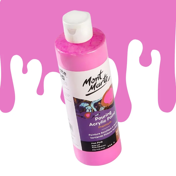 hot-pink-mont-marte-pouring-acrylic-paint-03 A single bottle of Hot Pink Mont Marte Pouring Acrylic Paint is shown in the center of the frame at a slight angle. The bottle is clear plastic so you can see the colour of the paint through the bottle. It has a white flip top cap and a printed label around the body of the bottle. The label is white and purple and has the Mont Marte logo printed at the top with the colour name and product details below. There is a drip paint background at the back of the bottle, at the top of the frame, in the colour of the paint.
