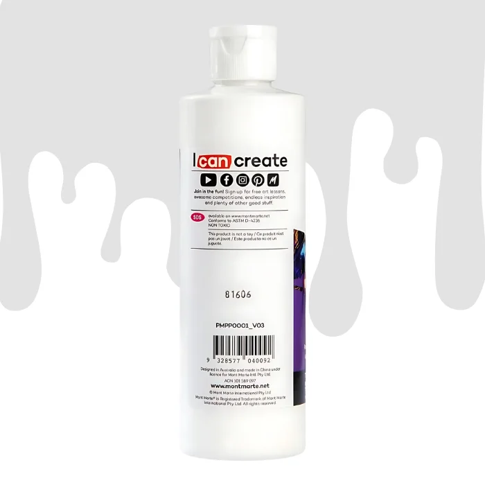 titanium-white-mont-marte-pouring-acrylic-paint-02 A single bottle of Titanium White Mont Marte Pouring Acrylic Paint is shown in the center of the frame. It is the back of the bottle. The bottle is clear plastic so you can see the colour of the paint through the bottle. It has a white flip top cap and a printed label around the body of the bottle. The label is white and has black text describing the product. There is a drip paint background at the back of the bottle, at the top of the frame, in the colour of the paint.