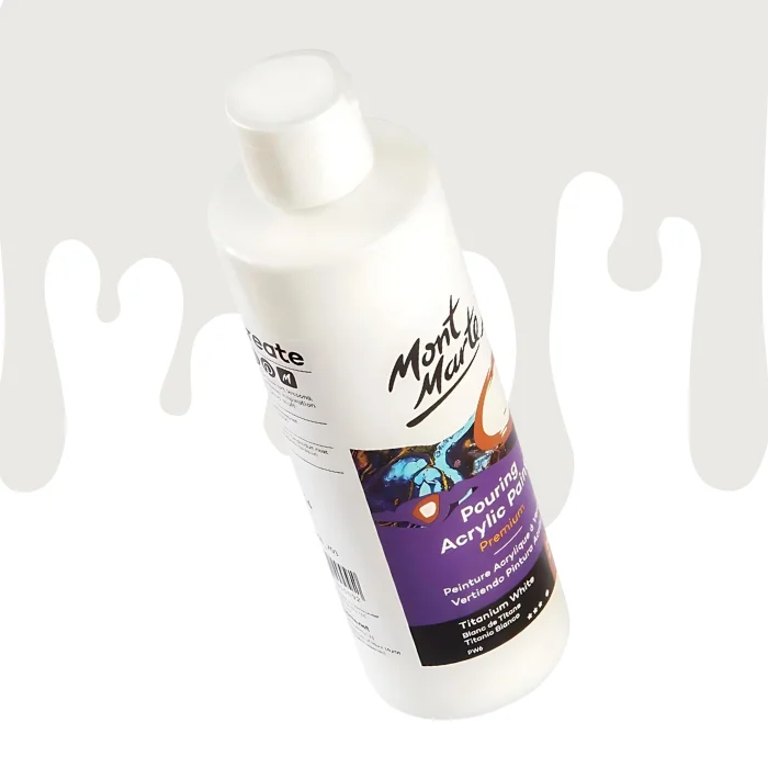 titanium-white-mont-marte-pouring-acrylic-paint-03 A single bottle of Titanium White Mont Marte Pouring Acrylic Paint is shown in the center of the frame at a slight angle. The bottle is clear plastic so you can see the colour of the paint through the bottle. It has a white flip top cap and a printed label around the body of the bottle. The label is white and purple and has the Mont Marte logo printed at the top with the colour name and product details below. There is a drip paint background at the back of the bottle, at the top of the frame, in the colour of the paint.