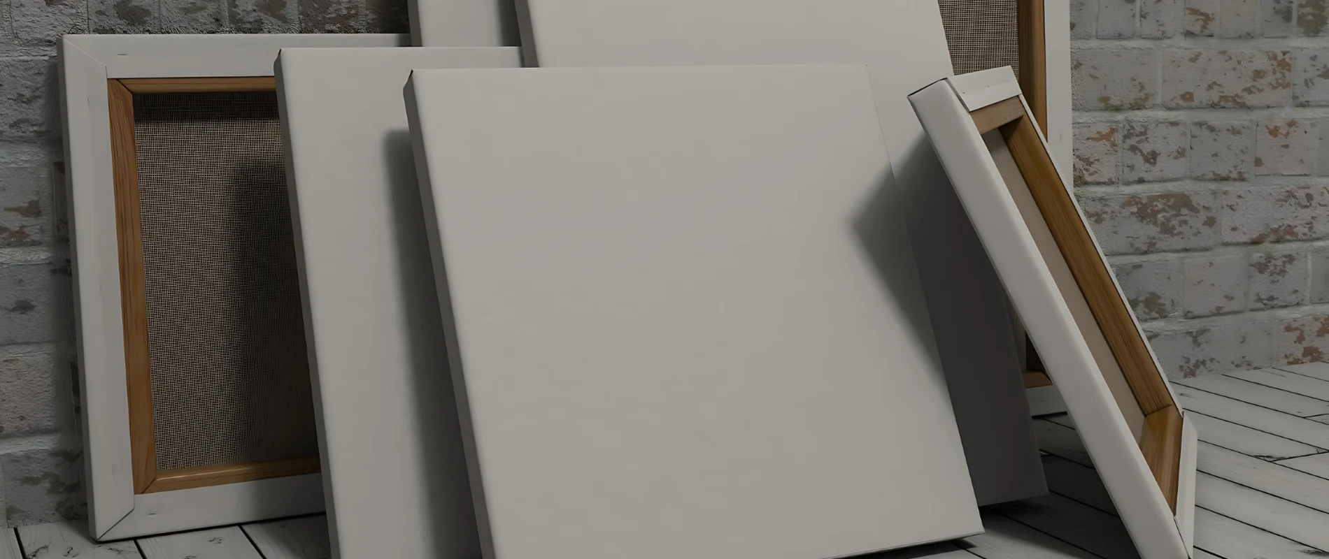 Canvas Chronicles Unmasking the Best Surfaces for Artists is what the image is showing with all of the canvas of different shapes and sizes stacked up against one another and leaning against a wall. four in the front are facing canvas material forawrd and the two in the back are showing the backs of the canvas. one small square canvas is leaning on the front facing with the wood forward. they are leaning against a white washed brick wall and standing on a white wooden floor. they are central in the image.