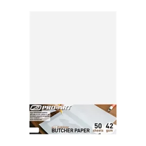 A single A4 Pro Art Butcher Paper Pack is shown, vertically, in the center of the frame. The paper is white and there is a printed label at the bottom of the pack - horizontally across the paper pack. It has the Pro Art Logo and product details printed on it. The image is center of the frame and on a white background.