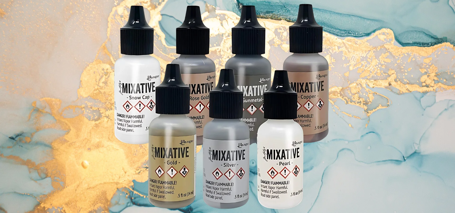 alcohol-ink-mixatives-revolutionize-your-art. in this image there are all the mixative bottle in the center in two lines in a v type shape. three in front and four in the back. they are resting on a background of alcohol ink that is blue and green but very subtle with the large gold patches of mixative on the left hand side