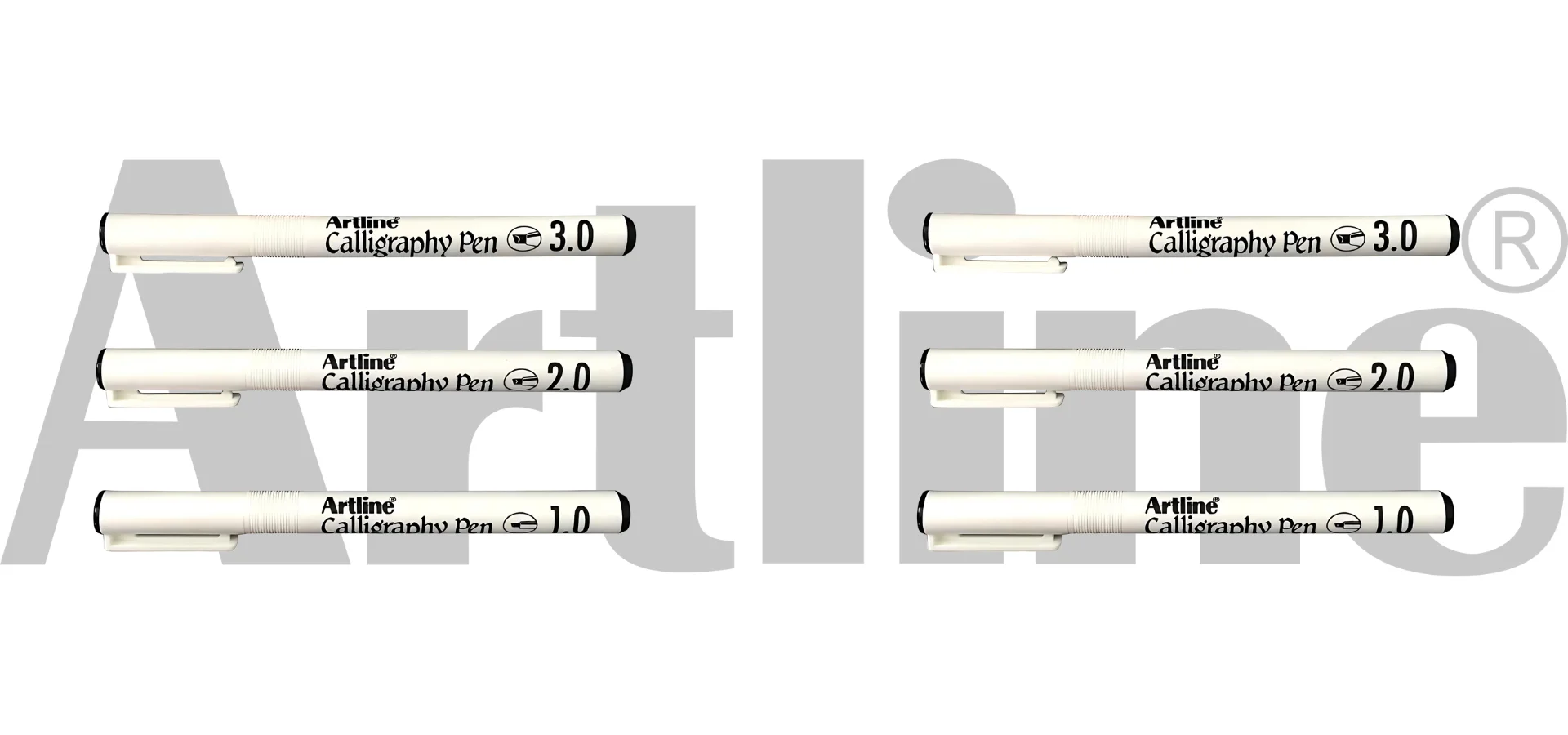 artline-calligraphy-markers-marker-magic shows in the center of the image two rows of artline calligraphy pens lying horizontally showing their name. infront of a faded logo saying artline. on a white background.