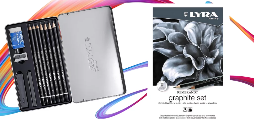 on the right there is on the left hand side of the image is a paper stumo. behind it and to the right are broken bits of charcoal. on the right hand side are charcoal sticks and graphite sticks. they are spread out across a paper that has been drawn on using these items. the light is coming from behind them. and on the left at an angle is Graphite Lyra Rembrandt Set. Open tin showing the contents of the tin. The image is center of the square and is on a white background. they are both on a rainbow squiggle on a white background 
