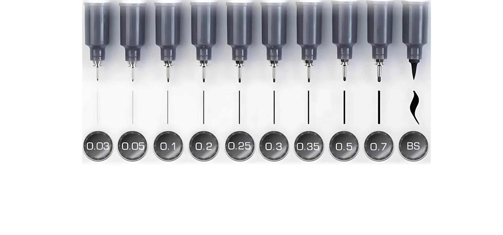 copic-multiliner-pens-elevate-your-art-game. the copic multiliners are lined up at the top of the image. nibs facing down. caps off and nibs visable. there are lines beneath shwoing the thickniss of ech line and a circle under showing the size of each nib. on a white background