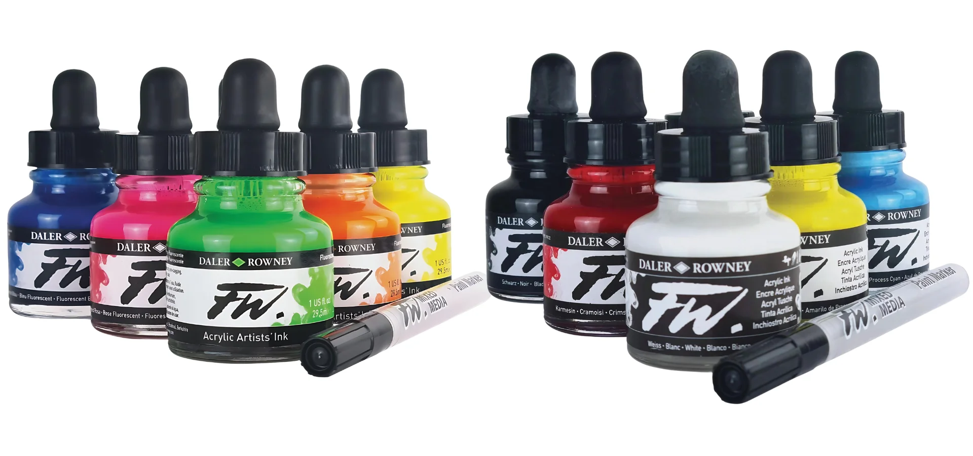 daler-rowney-fw-acrylic-ink-spiration show two images that are in the same arrangement. they are both bottles of daler rowney fw acrylic inks in a v formation. they all have black droppers as lids and there is a pen lying to the right hand side of them. the right hand side image is all the primary colours and the left hand side image is all the neoon colours. on a white background