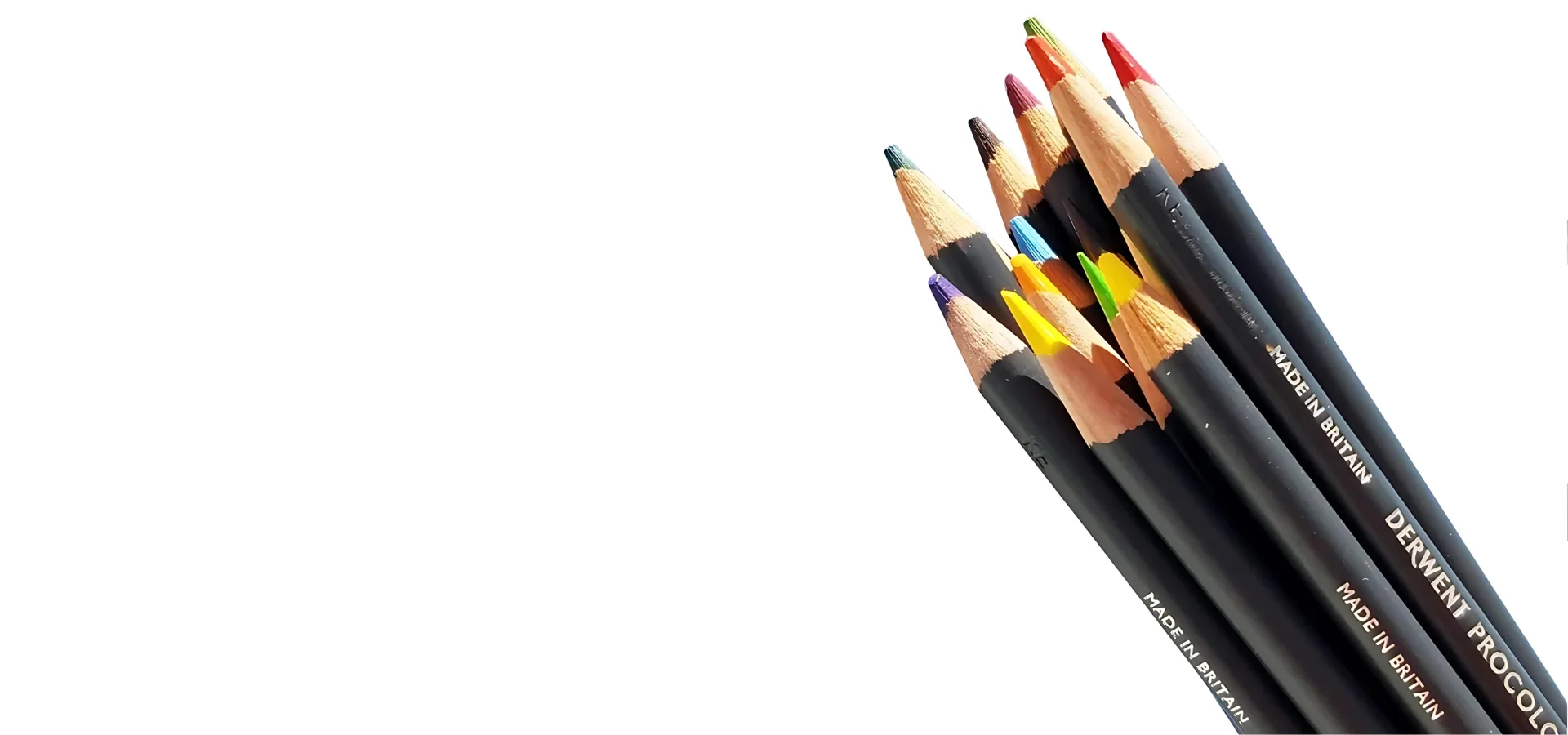 derwent pencils are coming in from the right hand side of the image. they are bundled together and are a variety of colours. the rest of the image is white