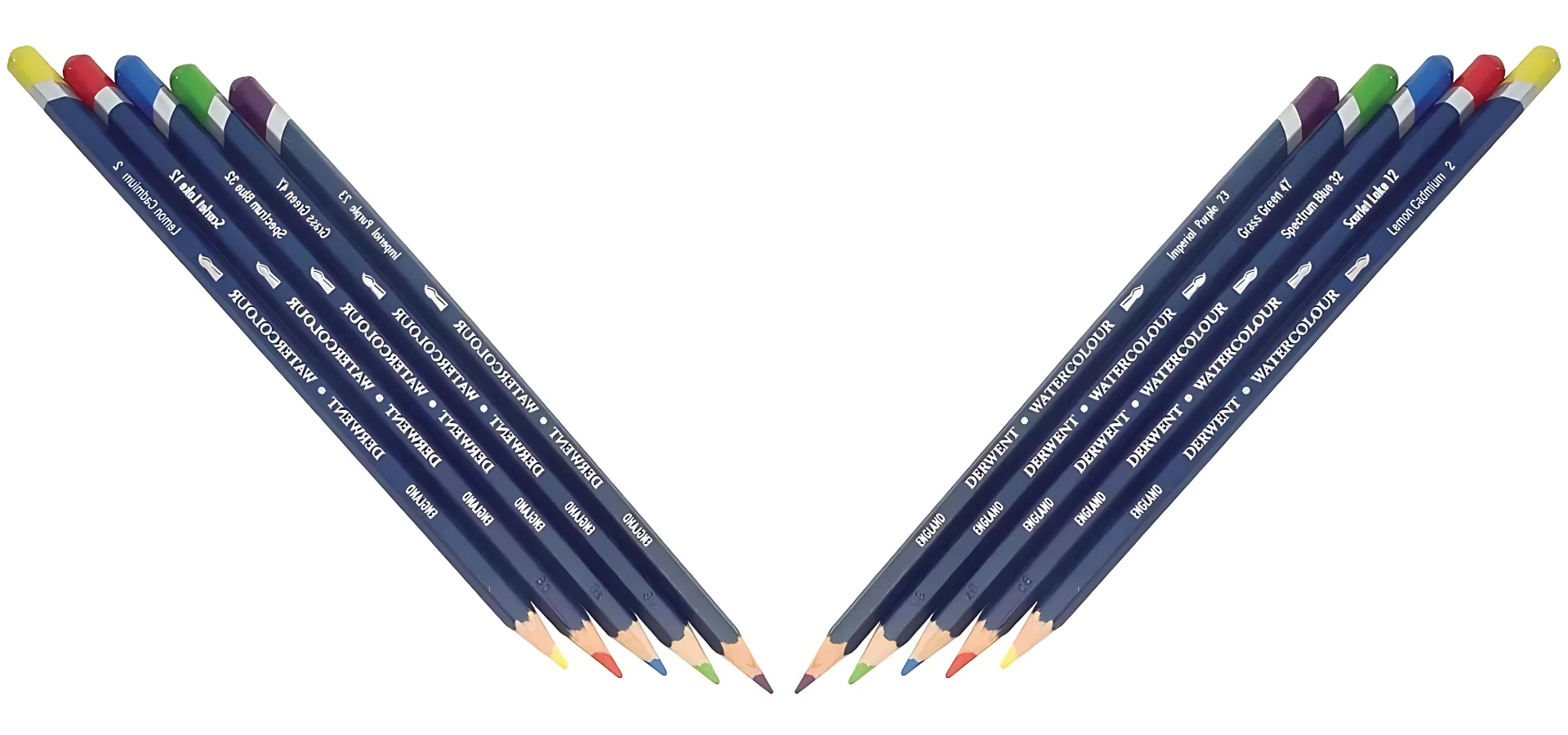 derwent-watercolour-pencils-rainbow-revolution are sitting in a line on the right of the screen and are mirrored on the left of the image. they are tight in a row all pointing nib down. to make a v. on a white background