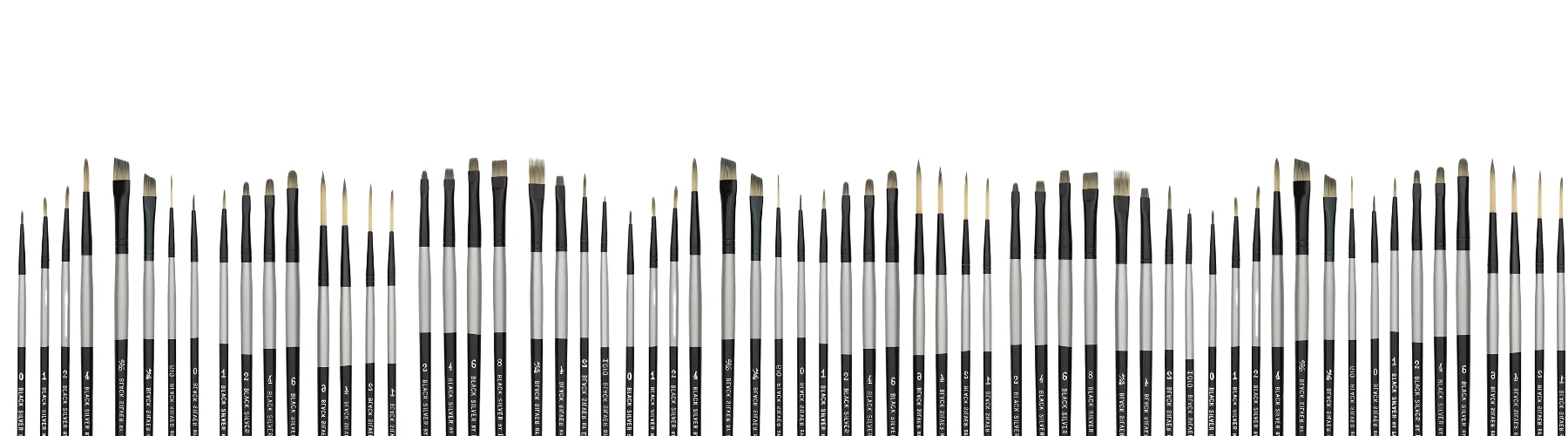 dynasty-black-silver-brushes-series-4900-from-amateur-to-artist. across the bottom of the image is a row shwoing all the different types of brushes in the 4900 series of brushes. they all have beige hairs, black ferrules, and silver and black setms with silver writing on them with the name and brush type on it. they are all evenly spaced across the image in a tiny wave type formation. they are on a white background