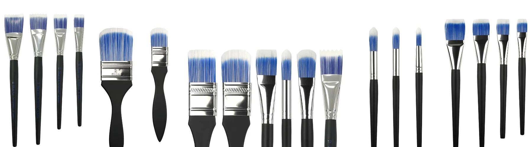 dynasty-blue-ice-brushes-glacial-flexibility. across the bottom of the image are various shapes and sizes of the dynasty blue ice brushes. they all have black handles with silver ferrules and blue and white bristles. they are all facing upwards towards to the top of the image. they are on a white background