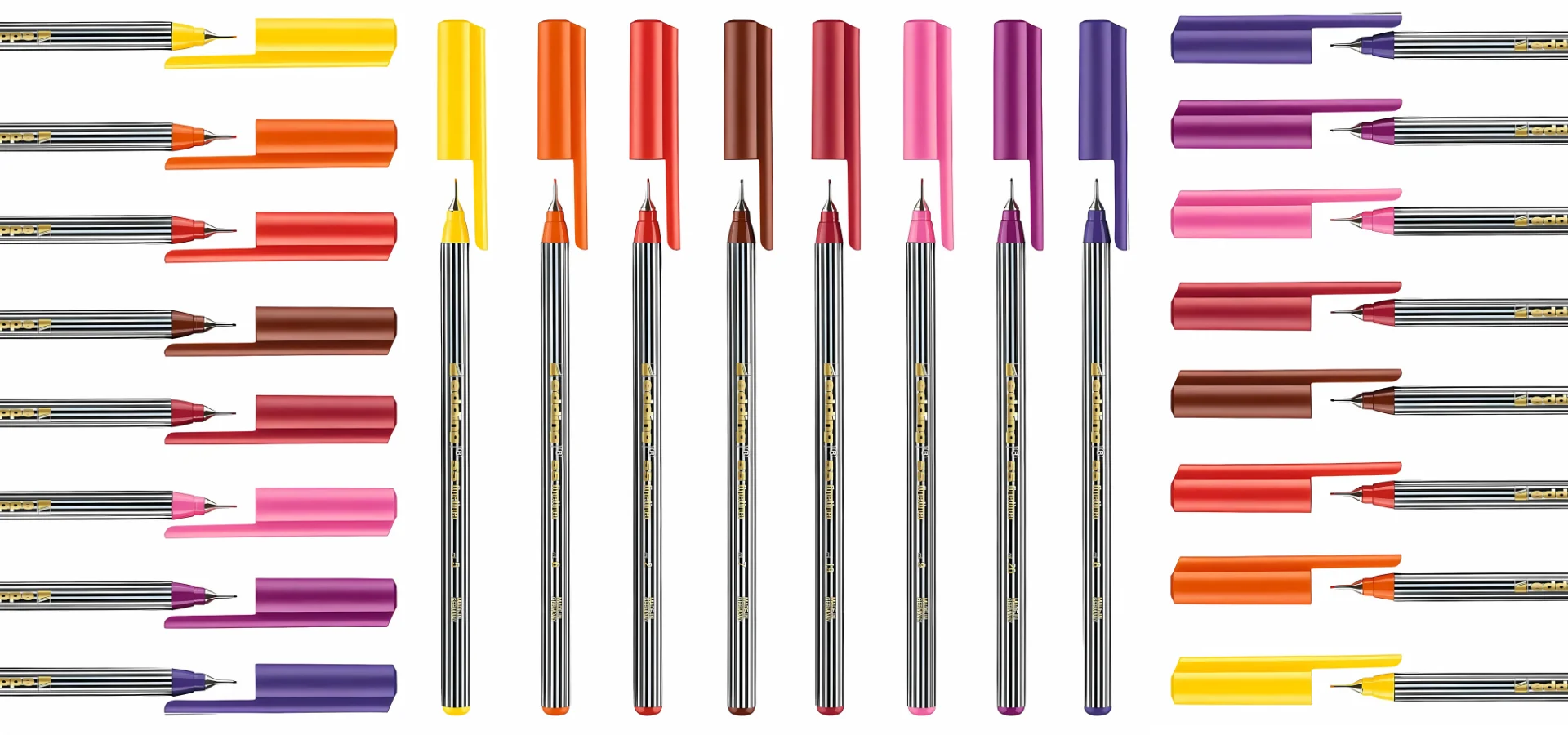 edding-fineliners-the-fine-line-frenzy. in the center of the image are 8 edding fineliners standing upright with the caps off and slighlty above the pens. the caps are the same colour as the ink inside the pens. on the side are the same pens but lying sideways facing inwards towards the other pens. on a white background.