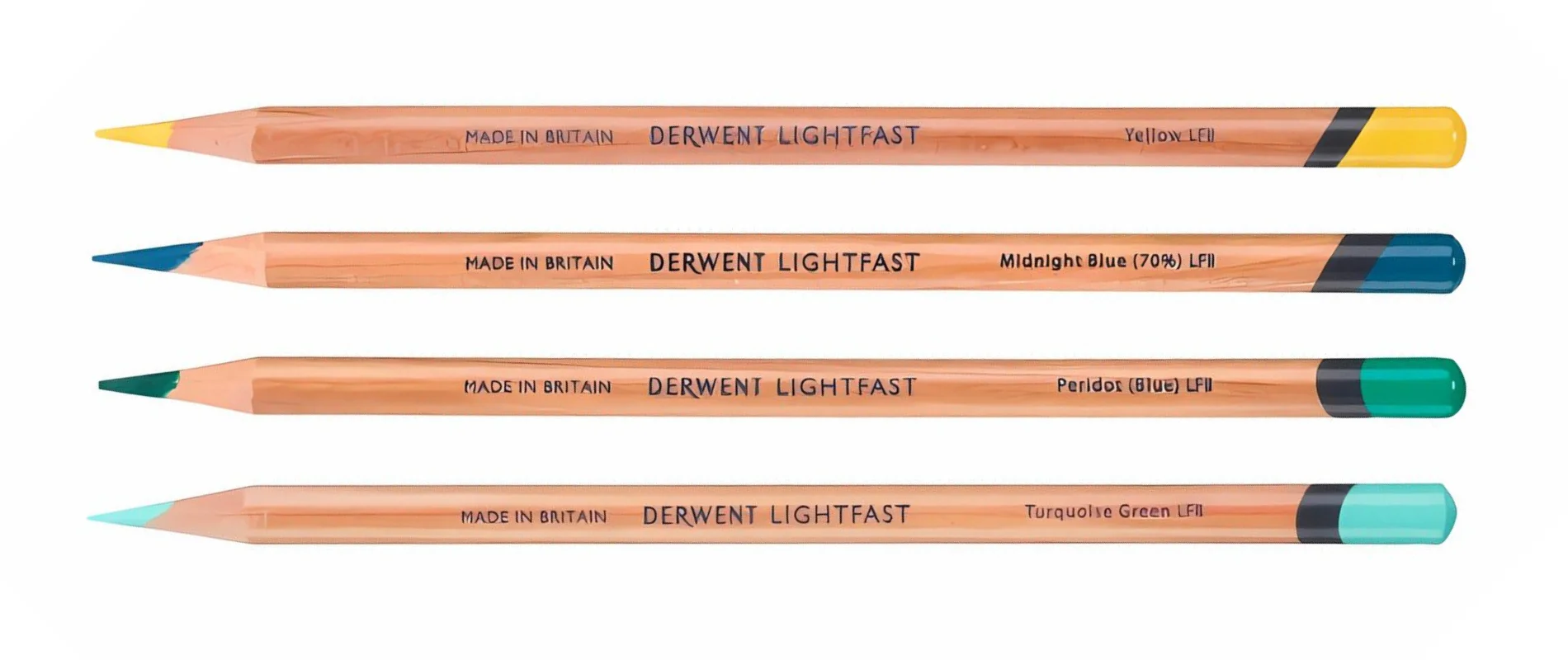 Derwent Lightfast Colour Pencil. A close up pf the body of the pencils and the end tips that are coloured to match the colour of the lead. Only part of the pencils are visible, the rest is cut off by the frame. There are 3 pencils.