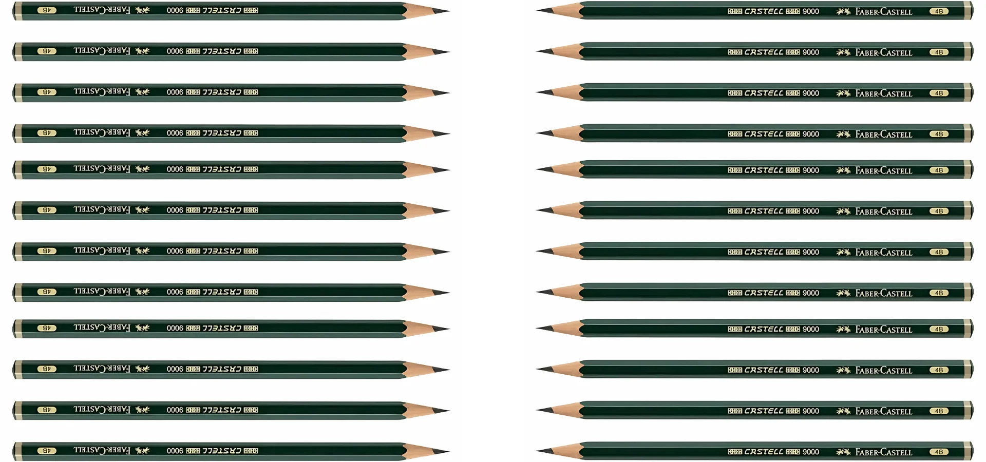 faber-castell-fuel-your-creativity the pencils are lined up horizontally across the image. they are equally spaced apart and are green cased with wood then the graphite nib. there are two sets and they are facing eachother. there is a white gap in the middle.