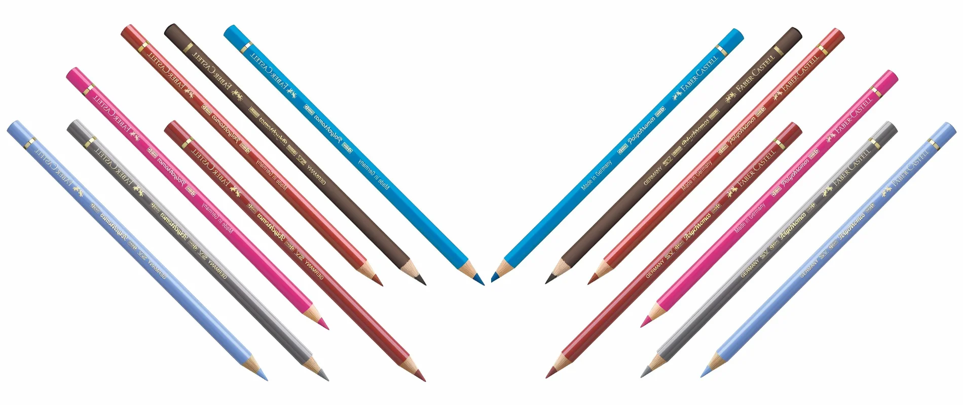Faber Castell Polychromos Pencils Unleash Your Inner Artist is showing 7 pencils on each side of the image at a angle facing inwards towards the centre of the image. they are in shades of pinks, purples and blues. their nibs are facing towards eachother and they are making a v shape. on a white background