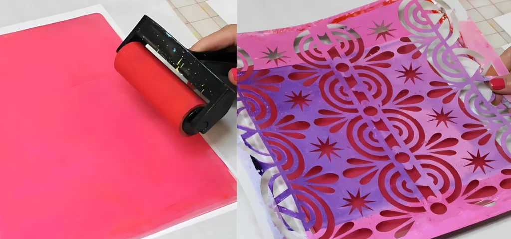 on the left hand side is A 8" x 10" Gelli Arts Printing Plate is seen in the center of the frame with a persons hands coming into the frame. They are brayering some pink paint across the printing plate. and on the right hand side is A persons hands are seen coming into the frame, laying a stencil over the painted 8" x 10" Gelli Arts Printing Plate