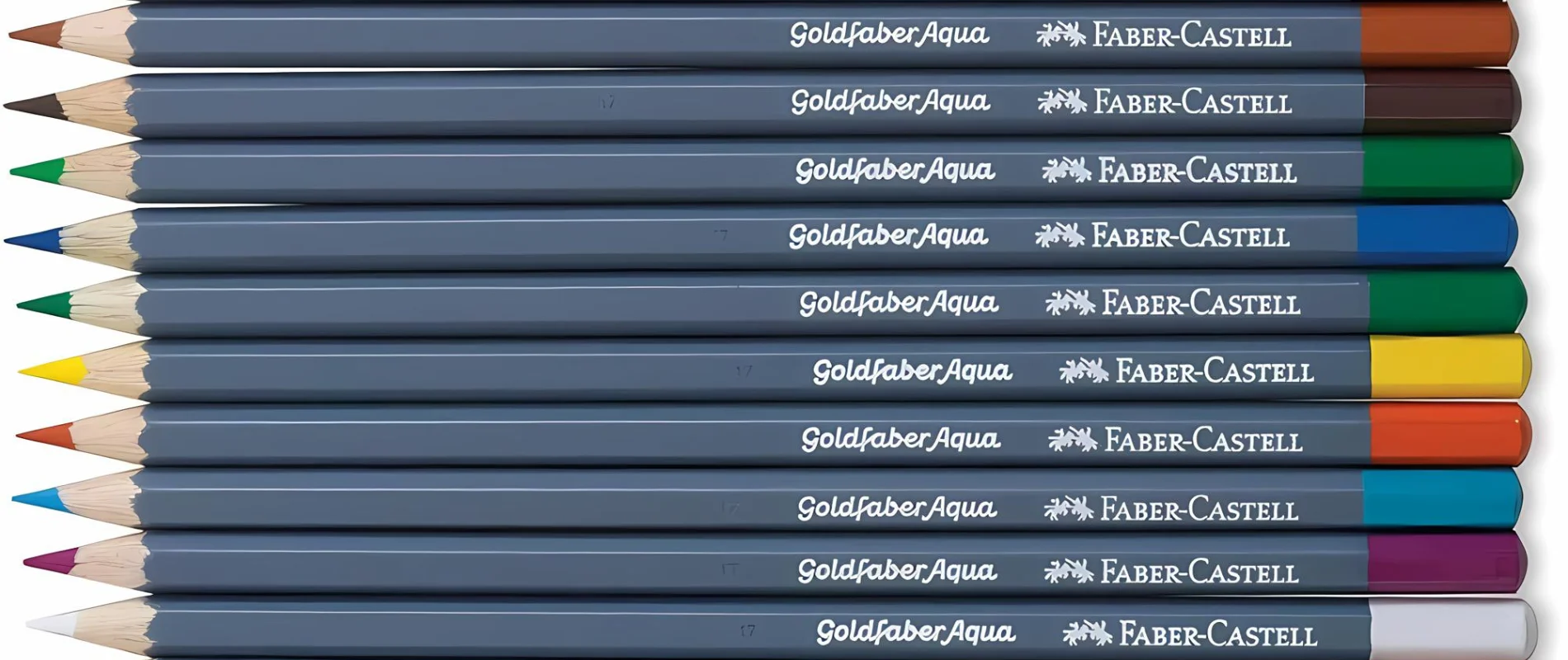 Goldfaber Aqua pencils are lined up horizontally across the image. they are lined up neatly in a row in a rainbow order. their nibs are facing towards the left hand side of the image. they have a blue oencil casing with white writing and the words goldfabe are marked clearly for you to see. on a white background