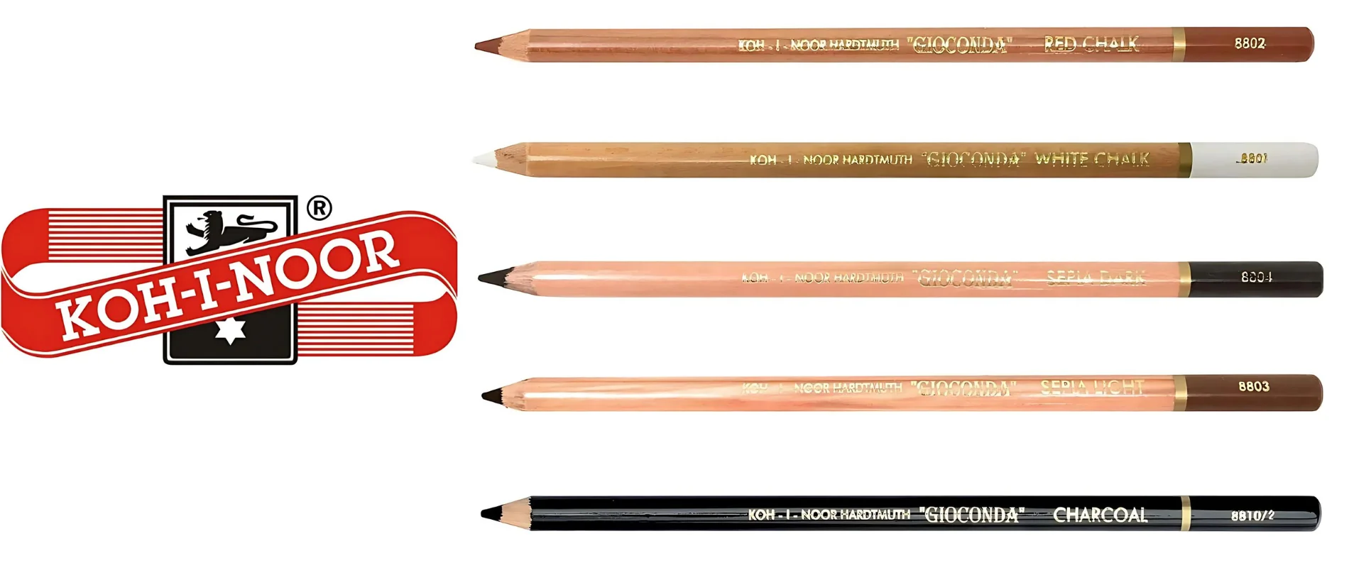 Koh-I-Noor Unleash Your Inner Artist is in the center of the image. to the right hand side are five pencils evenly spaced out laying horizontally in the image. their nibs are facing the left. they are all different shades of brown. the bottom pencil is black. on the left of them is the logo for koh i noor which is a ribbon with a lion badge and the name clearly written across it. all on a white background