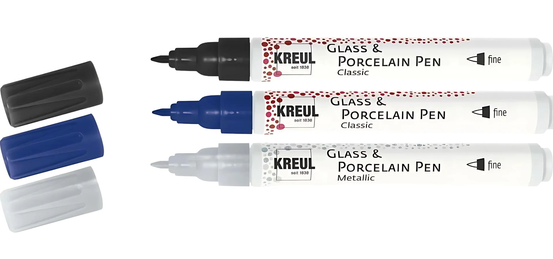 kreul-brilliant-markers-a-porcelain-delight. in the center of the image are three pens. black, blue and silver all in a row nibs facing the left of the image. they are on a white background