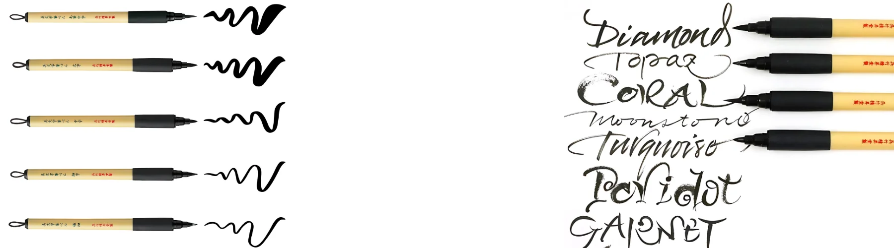 kuretake-bimoji-fude-pen. on the right hand side the pens are lined up in a row and they are sitting nezt to words that have been written using the pens. on the left they are all in a row and there are squiggly lines coming out of each pen showing the thickness of the pens.