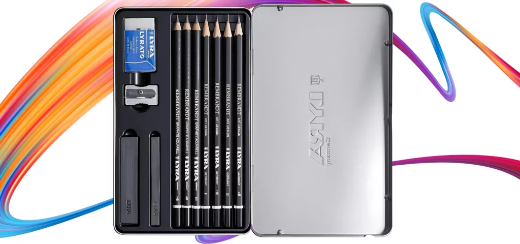 Graphite Lyra Rembrandt Set. Open tin showing the contents of the tin. The image is center of the square and is on a white background. witting on a rainbow squiggle