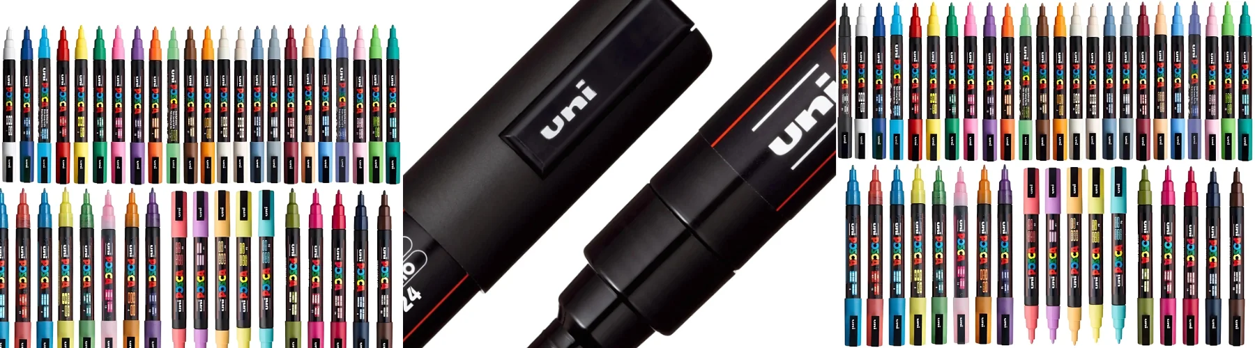 posca-paint-marker-unleash-your-creativity. in the center of the image is an enlarged image of a posca pen in black. on either side is a selection of posca pens in rows. a rainbow assortment of colours