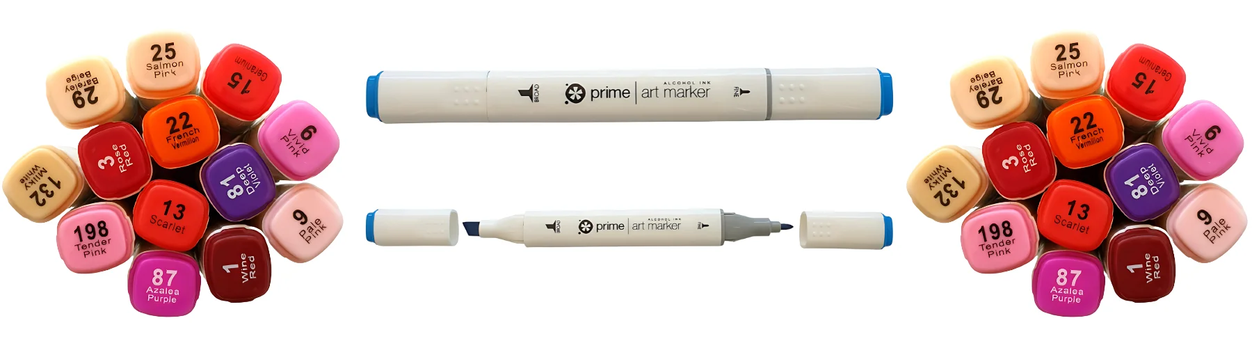 prime-art-alcohol-markers-make-waves. in the centre of the image are two blue alcohol ink pens one closed and one without any caps on so you can see both types of nibs. on either side of it is a bunch of bright closed markers that you can only see the tops of. they are in shade of pinks and oranges. all on a white background