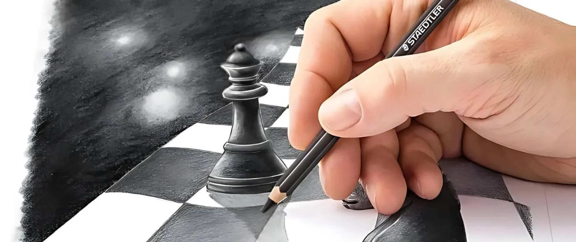 Staedtler Mars Lumograph Rock Your Art. Staedtler Mars Lumograph Black Pencil Set. A persons hand is seen coming out of the right hand side of teh frame. They are holding a black barreled Lumograph pencil and they are drawing a 3d image of a chess board with chess pieces. The drawing is black and white.
