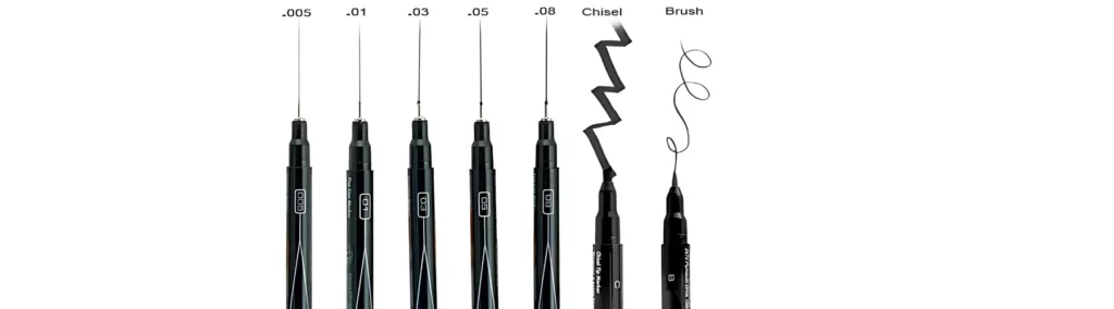 in the center of the image aresix fineliners that are open and facing upwards. they are all in astraight line. above them are lines drawn by each pen showing the thickness of the pens. on a hwite background