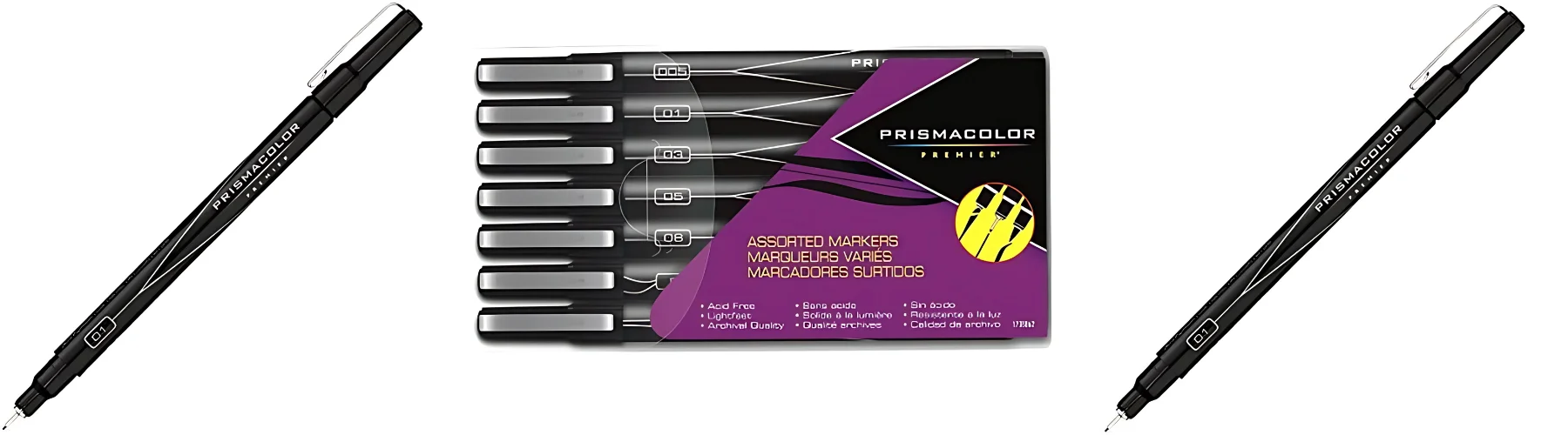 the-power-of-prismacolor-markers. in the center of the image there is the pack of prismacolour premier fineliners in a purple case facing toeards the left of the image. on either side of it is a single pen that is sitting at an angle.on a white background