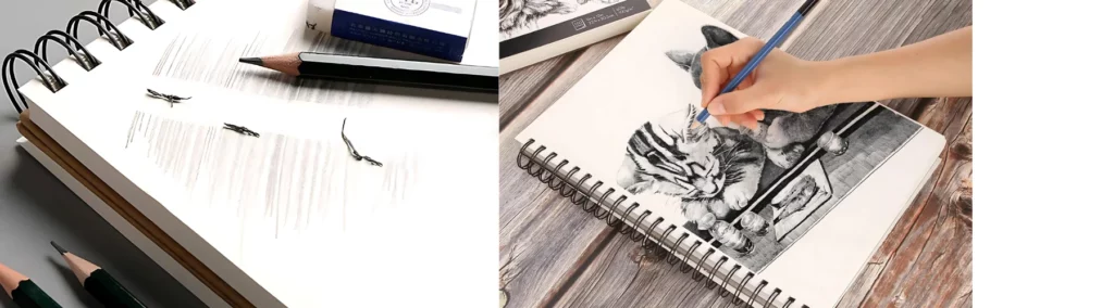 on the left hand side image there is an open ringbound pad of paper. it is white. on top of it is a pencil and an eraser. there are bits of used eraser ontop of the paper as well. next to it is two pencils. there is some shading on the paper. on the right hand side image there is a person drawing a picture of a kitten on an open ringbound sketchbook on a wooden desk. using a lumograph pencil. they have used only graphite to sketch so its monochromatic in colour.