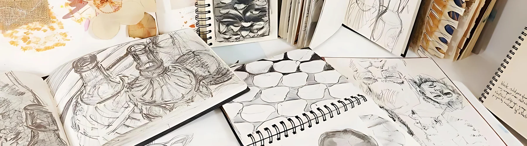 top-drawing-pads-sketching-secrets-unveiled. across the entire image are various pads and books for sketching. they are all open and all of them have drawings on them. in graphite pencil. there are ringbound books and pads of paper. some are standing and some are lying flat. there are images of faces, pots, fruits, and abstract images drawn on them. on a white background
