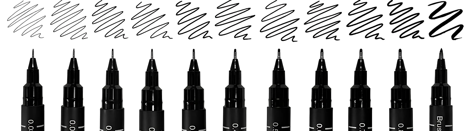 uni-pin-fineliner-pens-unveiled. across the bottom of the image there is a line of fineliners with their caps off. above them are squiggly lines showing the nib thickness of each pen. they are all equal space apart on a white background
