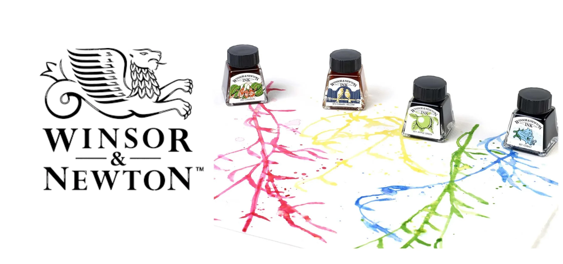 winsor-newton-drawing-inks-embark-on-your-ink-voyage. to the right hand side of the image are three bottles of ink. they have labels stuck on he front of them and black lids. they are standing on white paper in a half circle shape. there is ink splashed infront of each one in the colour that is in the bottles which is pink, yellow and blue. to the left is the logo in black and white for winsor and newton. on a white background