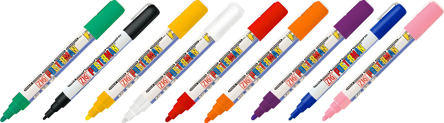 zig-posterman-markers-to-the-rescue. across the image evenly spaced are different shades of the posterman markers. they are at an angle with their nibs pointing towards the bottom left corner and the caps pointing towards the top right corner of the image. they are in rainbow colours and are on a white background
